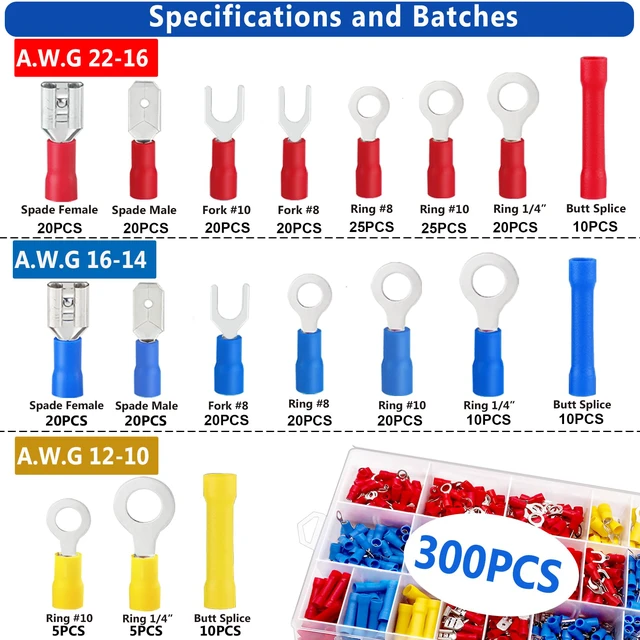 Alt view image 2 of 7 - Insulated Wire Electrical Connectors Assortment Kit with Ring, Spade, Butt, Quick Disconnect, Crimp Automotive Cable Terminals