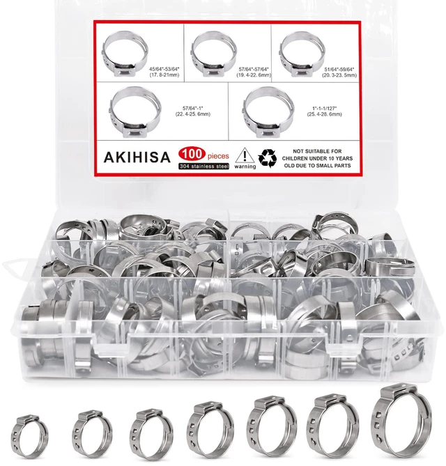 Main image of 100Pcs 5 sizes Single Ear Hose Clamps, 21-28.6 mm 304 Stainless Steel Pex Crimp Rings Kit, Crimp Hose Clamp Assortment Set for Securing Pipe Hoses and Automotive Use