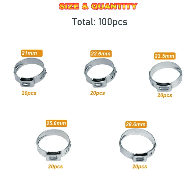 Alt view image 3 of 5 - 100Pcs 5 sizes Single Ear Hose Clamps, 21-28.6 mm 304 Stainless Steel Pex Crimp Rings Kit, Crimp Hose Clamp Assortment Set for Securing Pipe Hoses and Automotive Use