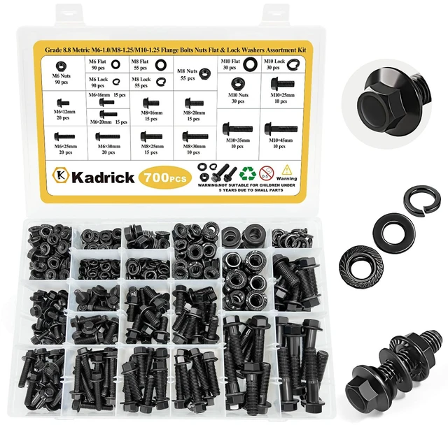 Main image of 700PCS M6-M10 Metric Flange Hex Bolt KitM6-1.0 M8-1.25 M10-1.25 M6-1.0 M8-1.25 M10-1.25 (Length From 12mm to 45mm) Hex Bolts Assortment With Nuts and Washers,Black Zinc Plated