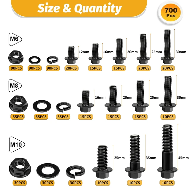 Alt view image 2 of 7 - 700PCS M6-M10 Metric Flange Hex Bolt KitM6-1.0 M8-1.25 M10-1.25 M6-1.0 M8-1.25 M10-1.25 (Length From 12mm to 45mm) Hex Bolts Assortment With Nuts and Washers,Black Zinc Plated