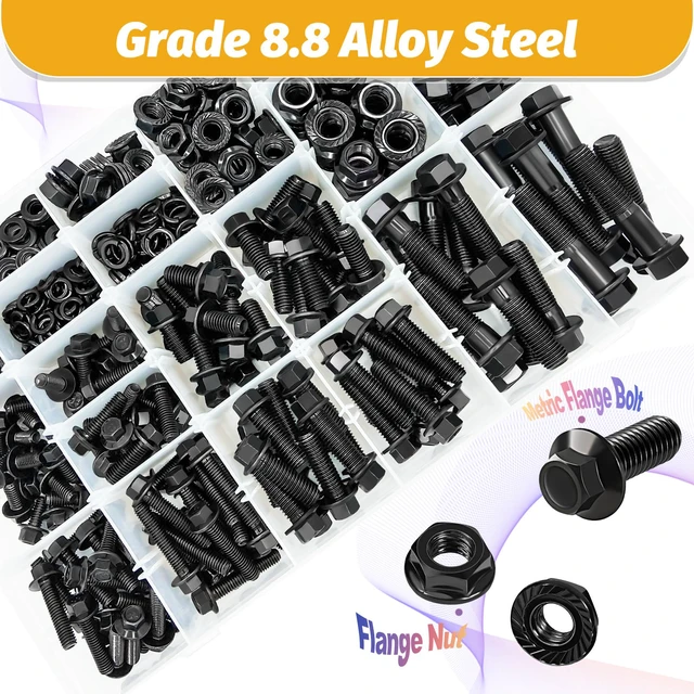 Alt view image 4 of 7 - 700PCS M6-M10 Metric Flange Hex Bolt KitM6-1.0 M8-1.25 M10-1.25 M6-1.0 M8-1.25 M10-1.25 (Length From 12mm to 45mm) Hex Bolts Assortment With Nuts and Washers,Black Zinc Plated