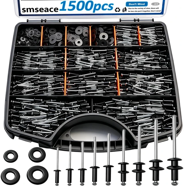 Main image of 1500Pcs Black Rivets with Wahsers Assortment Kit Packed in Handheld Box 14-Sizes (3/32 inch1/8 inch5/32 inch3/16 inch) Assorted Blind Rivets for Metal,Furniture,Automotive,Instrument