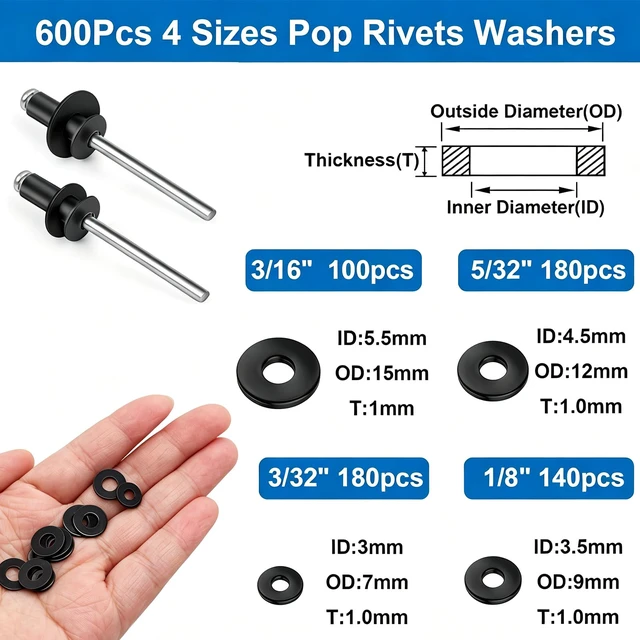 Alt view image 4 of 7 - 1500Pcs Black Rivets with Wahsers Assortment Kit Packed in Handheld Box 14-Sizes (3/32 inch1/8 inch5/32 inch3/16 inch) Assorted Blind Rivets for Metal,Furniture,Automotive,Instrument