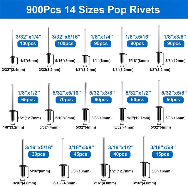 Alt view image 3 of 7 - 1500Pcs Black Rivets with Wahsers Assortment Kit Packed in Handheld Box 14-Sizes (3/32 inch1/8 inch5/32 inch3/16 inch) Assorted Blind Rivets for Metal,Furniture,Automotive,Instrument