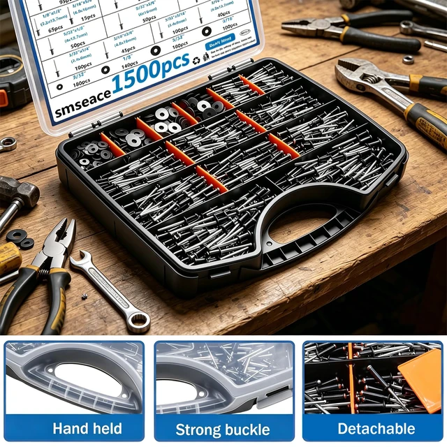 Alt view image 6 of 7 - 1500Pcs Black Rivets with Wahsers Assortment Kit Packed in Handheld Box 14-Sizes (3/32 inch1/8 inch5/32 inch3/16 inch) Assorted Blind Rivets for Metal,Furniture,Automotive,Instrument