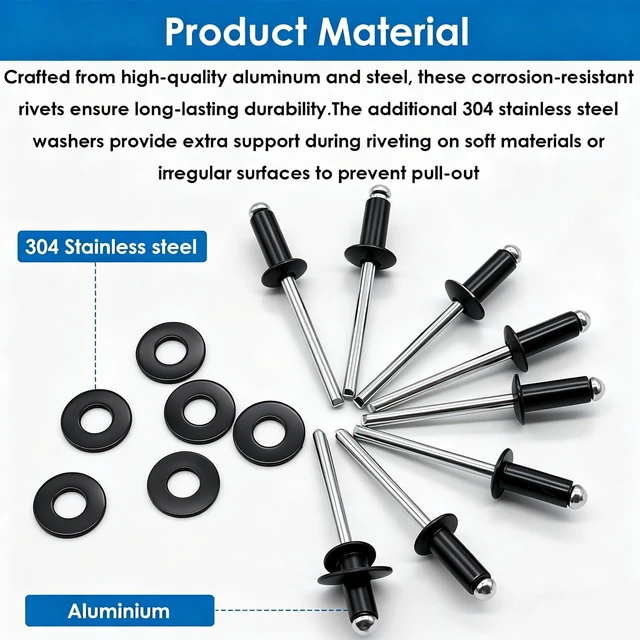 Alt view image 5 of 7 - 1500Pcs Black Rivets with Wahsers Assortment Kit Packed in Handheld Box 14-Sizes (3/32 inch1/8 inch5/32 inch3/16 inch) Assorted Blind Rivets for Metal,Furniture,Automotive,Instrument