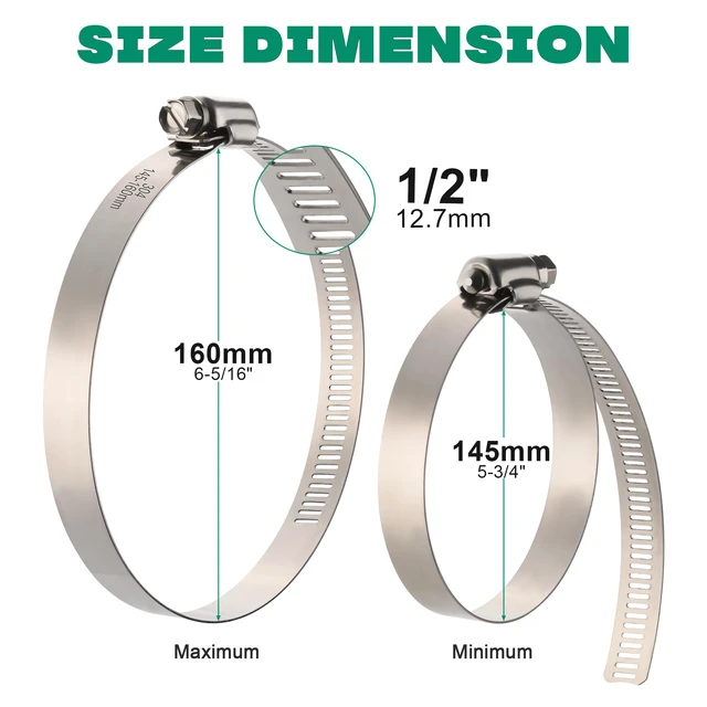 Alt view image 2 of 7 - 6 Inch Hose Clamps, Adjustable 5-3/4"-6-5/16"(145-160mm), 10 PCS 304 Stainless Steel, Rust Resistant, Large Worm Gear Hose Clamp, Automotive, Radiator Hose, Fuel Line, Air Ducting