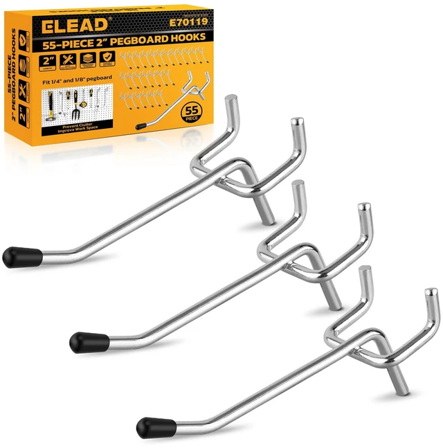 Main image of 55-Piece 2 Inch Pegboard Hooks, Heavy Duty Peg Board Organizer Accessories, Peg Board Tool Hangers Fit for 1/4" and 1/8" Pegboard Hanging Tools Garage, Workshop, and Craft Storage