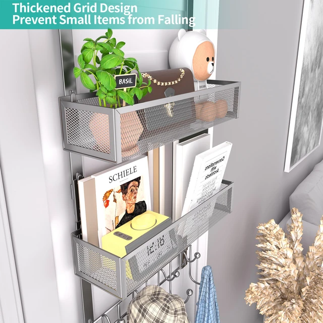 Alt view image 2 of 7 - Over The Door Hanger with Coat Hooks and 2 Baskets, Rustproof & Waterproof Over The Door Hooks, Storage Organizer for Hats, Bathroom, Kitchen, Bedroom - Brushed Nickel