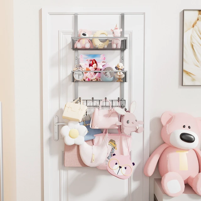 Alt view image 6 of 7 - Over The Door Hanger with Coat Hooks and 2 Baskets, Rustproof & Waterproof Over The Door Hooks, Storage Organizer for Hats, Bathroom, Kitchen, Bedroom - Brushed Nickel