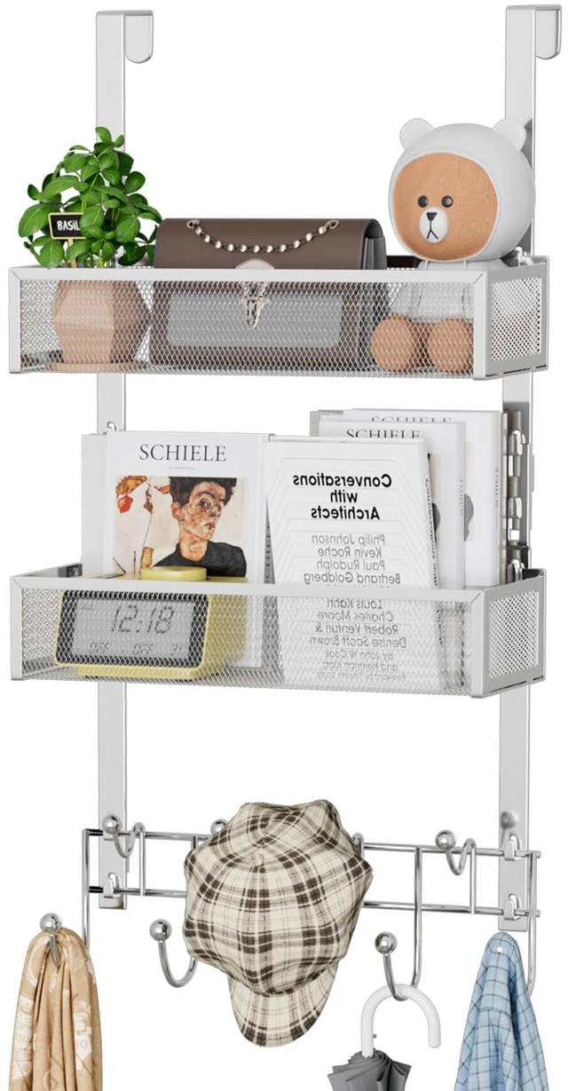 Main image of Over The Door Hanger with Coat Hooks and 2 Baskets, Rustproof & Waterproof Over The Door Hooks, Storage Organizer for Hats, Bathroom, Kitchen, Bedroom-Silver (for 1.76in Doors)
