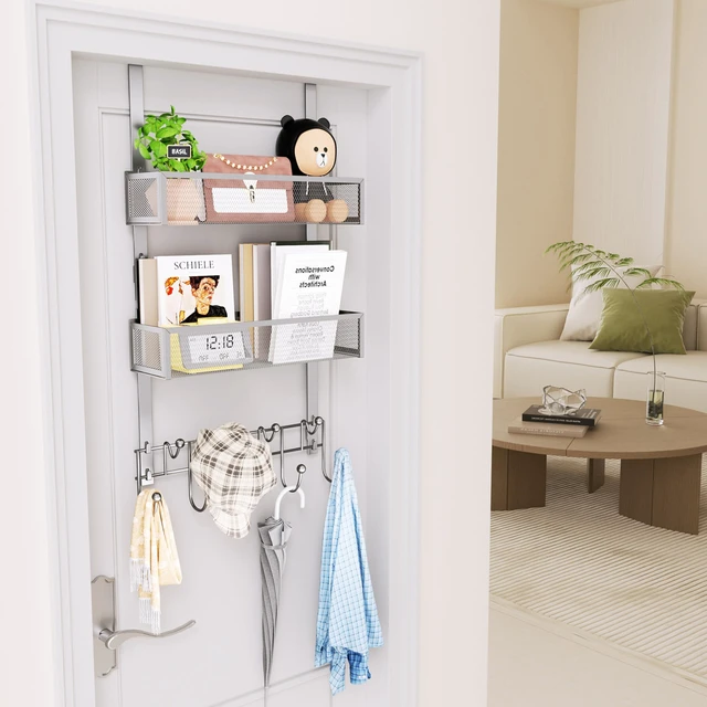 Alt view image 7 of 7 - Over The Door Hanger with Coat Hooks and 2 Baskets, Rustproof & Waterproof Over The Door Hooks, Storage Organizer for Hats, Bathroom, Kitchen, Bedroom - Brushed Nickel