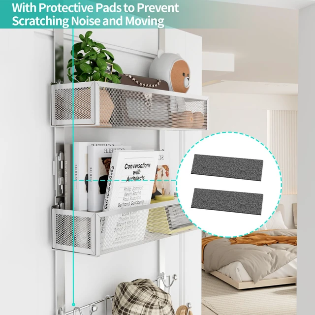 Alt view image 3 of 7 - Over The Door Hanger with Coat Hooks and 2 Baskets, Rustproof & Waterproof Over The Door Hooks, Storage Organizer for Hats, Bathroom, Kitchen, Bedroom-Silver (for 1.76in Doors)