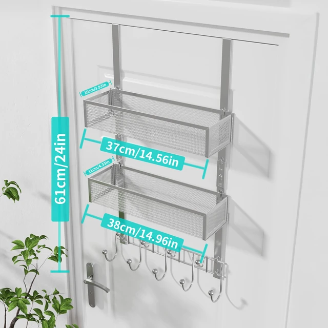 Alt view image 5 of 7 - Over The Door Hanger with Coat Hooks and 2 Baskets, Rustproof & Waterproof Over The Door Hooks, Storage Organizer for Hats, Bathroom, Kitchen, Bedroom-Silver (for 1.76in Doors)