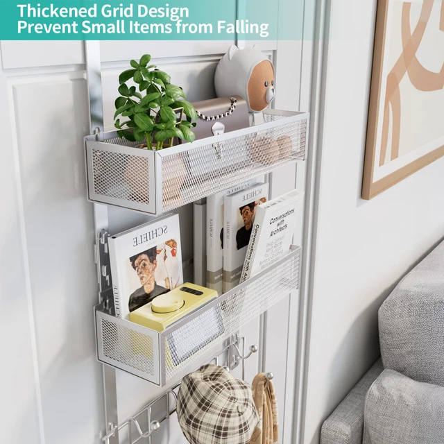Alt view image 2 of 7 - Over The Door Hanger with Coat Hooks and 2 Baskets, Rustproof & Waterproof Over The Door Hooks, Storage Organizer for Hats, Bathroom, Kitchen, Bedroom-Silver (for 1.76in Doors)