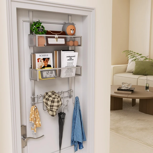 Alt view image 7 of 7 - Over The Door Hanger with Coat Hooks and 2 Baskets, Rustproof & Waterproof Over The Door Hooks, Storage Organizer for Hats, Bathroom, Kitchen, Bedroom-Silver (for 1.76in Doors)