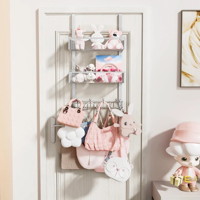 Alt view image 6 of 7 - Over The Door Hanger with Coat Hooks and 2 Baskets, Rustproof & Waterproof Over The Door Hooks, Storage Organizer for Hats, Bathroom, Kitchen, Bedroom-Silver (for 1.76in Doors)