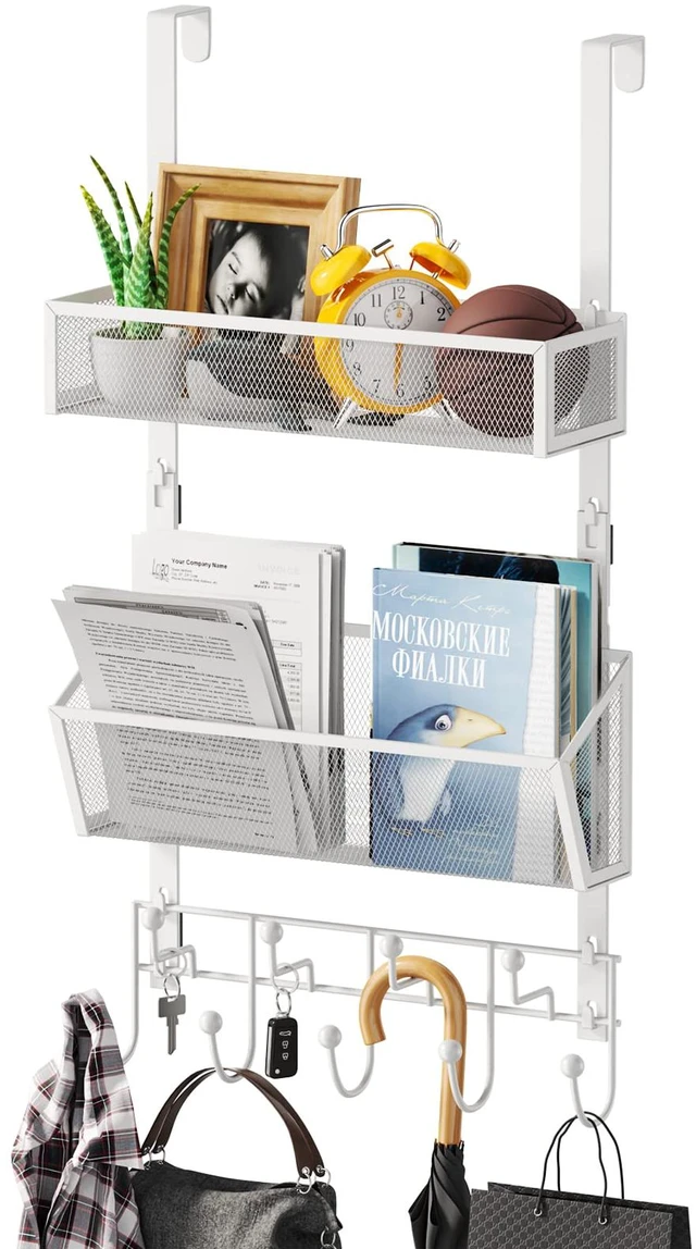 Main image of Over Door Hook with 2 Mesh Baskets and 9 Hooks, 304 Stainless Steel No Drilling Over The Door Hanger, Storage Organizer for Bathroom, Kitchen, Bedroom-White (for 1.57in Doors)