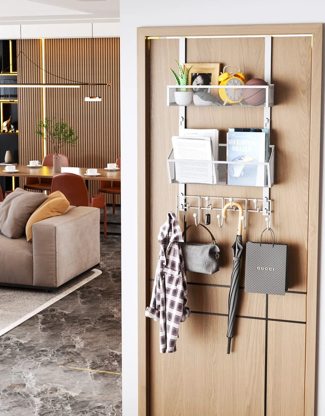 Alt view image 4 of 7 - Over Door Hook with 2 Mesh Baskets and 9 Hooks, 304 Stainless Steel No Drilling Over The Door Hanger, Storage Organizer for Bathroom, Kitchen, Bedroom-White (for 1.57in Doors)