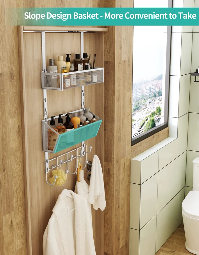 Alt view image 3 of 7 - Over Door Hook with 2 Mesh Baskets and 9 Hooks, 304 Stainless Steel No Drilling Over The Door Hanger, Storage Organizer for Bathroom, Kitchen, Bedroom-White (for 1.57in Doors)