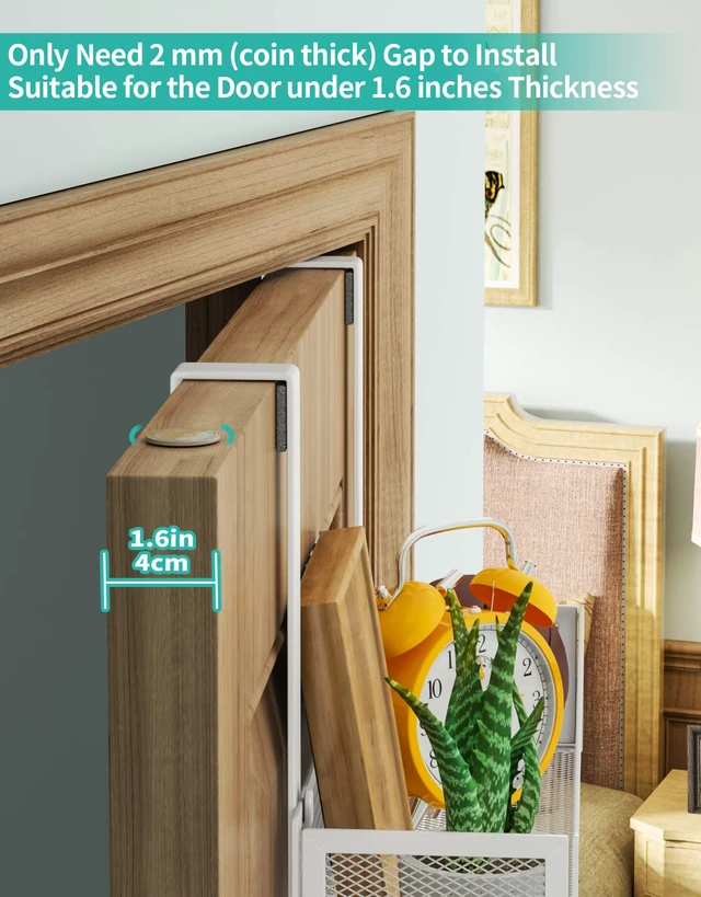 Alt view image 5 of 7 - Over Door Hook with 2 Mesh Baskets and 9 Hooks, 304 Stainless Steel No Drilling Over The Door Hanger, Storage Organizer for Bathroom, Kitchen, Bedroom-White (for 1.57in Doors)