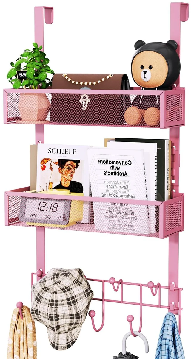 Main image of Over The Door Hanger with Coat Hooks and 2 Baskets, Rustproof & Waterproof Pink Over The Door Hooks, Storage Organizer for Hats, Bathroom, Kitchen, Bedroom - Pink