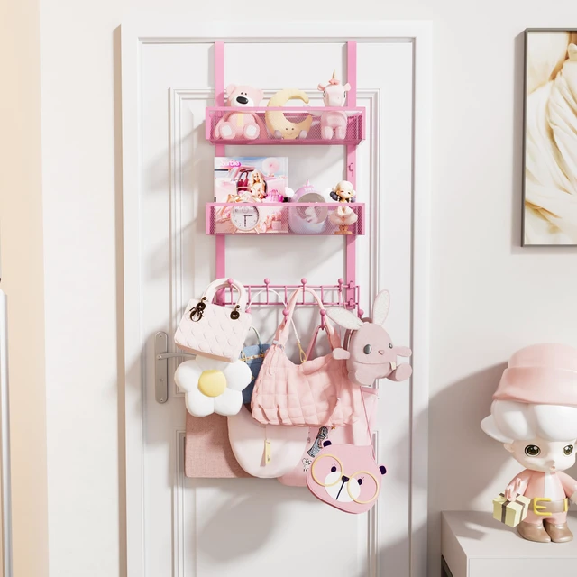 Alt view image 6 of 7 - Over The Door Hanger with Coat Hooks and 2 Baskets, Rustproof & Waterproof Pink Over The Door Hooks, Storage Organizer for Hats, Bathroom, Kitchen, Bedroom - Pink