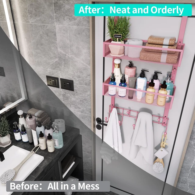 Alt view image 7 of 7 - Over The Door Hanger with Coat Hooks and 2 Baskets, Rustproof & Waterproof Pink Over The Door Hooks, Storage Organizer for Hats, Bathroom, Kitchen, Bedroom - Pink