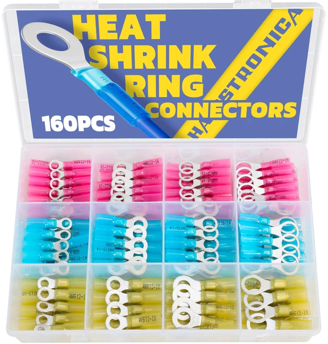 Main image of 160PCS Heat Shrink Ring Terminals, 22-10 AWG, 3 Colors 4 Sizes Battery and Ground Stud Connections, 0.7 mm Ring Tongues, #10, 1/4 in, 5/16 in, 3/8 in, Heat Shrink Wire Connectors