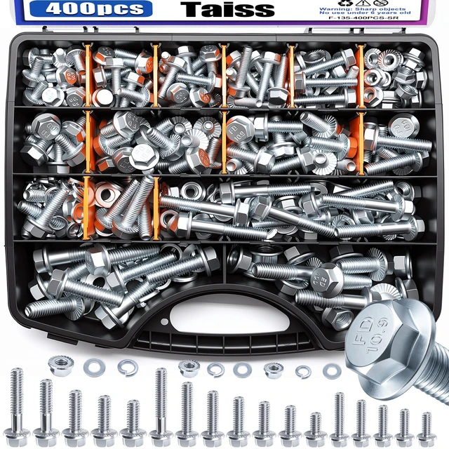 Main image of 400PCS Metric Flange Bolt Assortment Kit,10.9 Grade M6x1.0/M8x1.25/M10x1.5 Bolts(12mm to 45mm) Assorted White Zinc Galvanized Hex Metric Nuts and Bolts Washers Set for Automotive