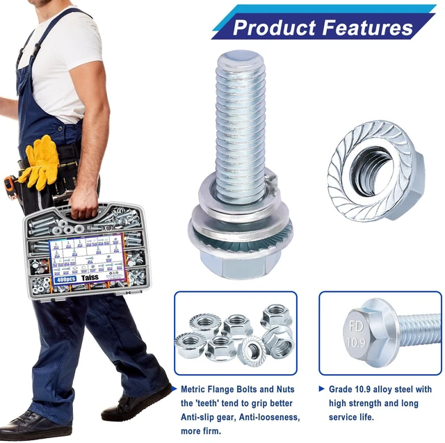 Alt view image 3 of 7 - 400PCS Metric Flange Bolt Assortment Kit,10.9 Grade M6x1.0/M8x1.25/M10x1.5 Bolts(12mm to 45mm) Assorted White Zinc Galvanized Hex Metric Nuts and Bolts Washers Set for Automotive