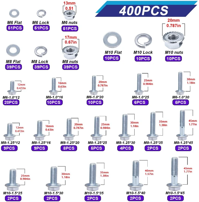 Alt view image 2 of 7 - 400PCS Metric Flange Bolt Assortment Kit,10.9 Grade M6x1.0/M8x1.25/M10x1.5 Bolts(12mm to 45mm) Assorted White Zinc Galvanized Hex Metric Nuts and Bolts Washers Set for Automotive