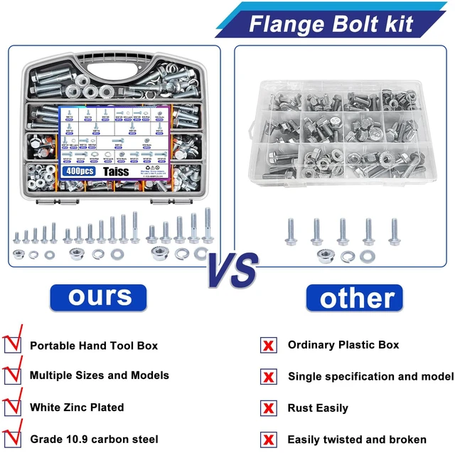 Alt view image 4 of 7 - 400PCS Metric Flange Bolt Assortment Kit,10.9 Grade M6x1.0/M8x1.25/M10x1.5 Bolts(12mm to 45mm) Assorted White Zinc Galvanized Hex Metric Nuts and Bolts Washers Set for Automotive