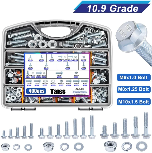 Alt view image 5 of 7 - 400PCS Metric Flange Bolt Assortment Kit,10.9 Grade M6x1.0/M8x1.25/M10x1.5 Bolts(12mm to 45mm) Assorted White Zinc Galvanized Hex Metric Nuts and Bolts Washers Set for Automotive