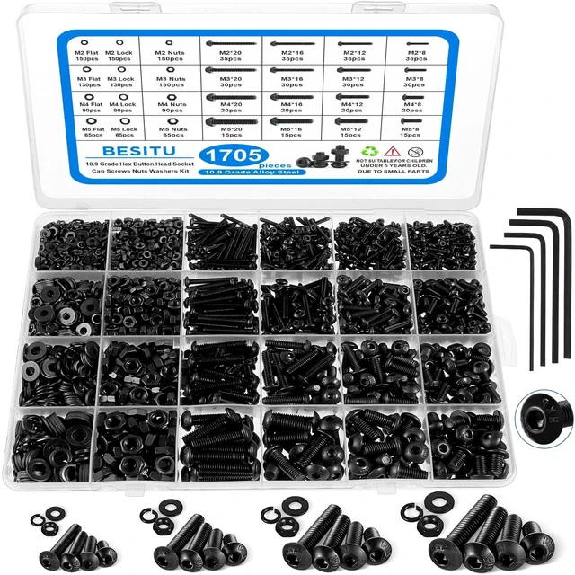 Main image of 1705 Pcs Machine Screw Assortment Kit, M2 M3 M4 M5 Metric Bolts and Nuts Kit with Lock and Flat Washers, Hex Button Head 10.9 Alloy Steel Cap Screw Set with Allen Wrench