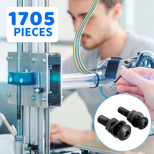 Alt view image 3 of 7 - 1705 Pcs Machine Screw Assortment Kit, M2 M3 M4 M5 Metric Bolts and Nuts Kit with Lock and Flat Washers, Hex Button Head 10.9 Alloy Steel Cap Screw Set with Allen Wrench