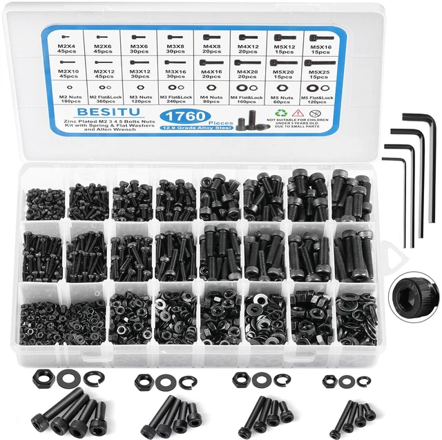 Main image of 1760pcs M2 M3 M4 M5 Metric Screw Assortment, Grade 12.9 Alloy Steel Hex Socket Head Cap Bolts and Nuts Kit, Black Zinc Plated and Anti Rust Screw Set with 4 pcs Hex Wrenches