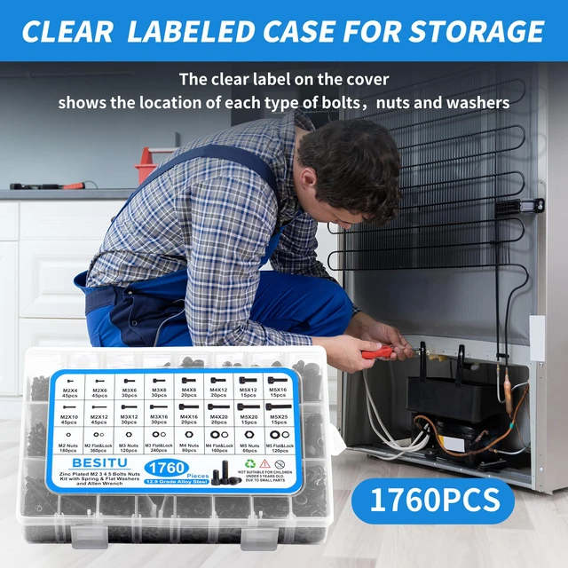 Alt view image 5 of 7 - 1760pcs M2 M3 M4 M5 Metric Screw Assortment, Grade 12.9 Alloy Steel Hex Socket Head Cap Bolts and Nuts Kit, Black Zinc Plated and Anti Rust Screw Set with 4 pcs Hex Wrenches