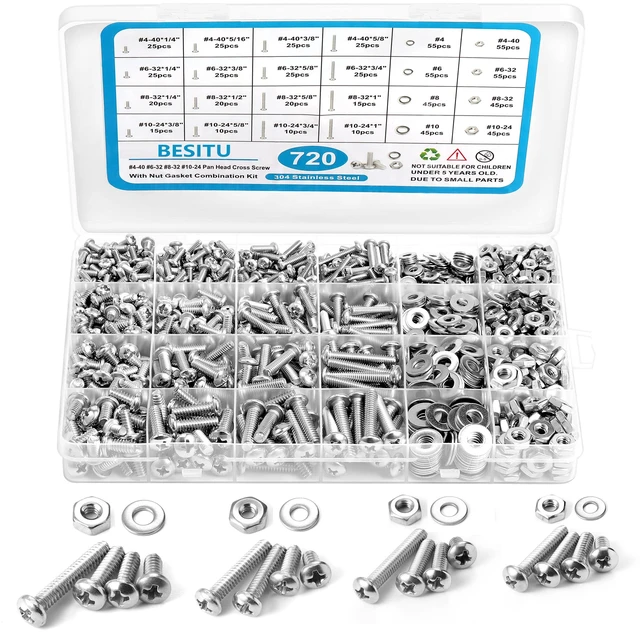Main image of 720Pcs Machine Screw Assortment Kit, #10-24#8-32#6-32#4-40 Phillips Pan Head Assorted Nuts Bolts and Flat Washers Kit, Stainless Steel Screws Hardware Assortment with Case