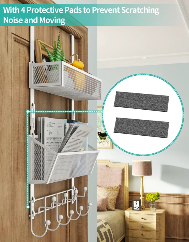 Alt view image 6 of 7 - Over Door Hook with 2 Mesh Baskets and 9 Hooks, 304 Stainless Steel No Drilling Over The Door Hanger, Storage Organizer for Bathroom, Kitchen, Bedroom-White (for 1.57in Doors)