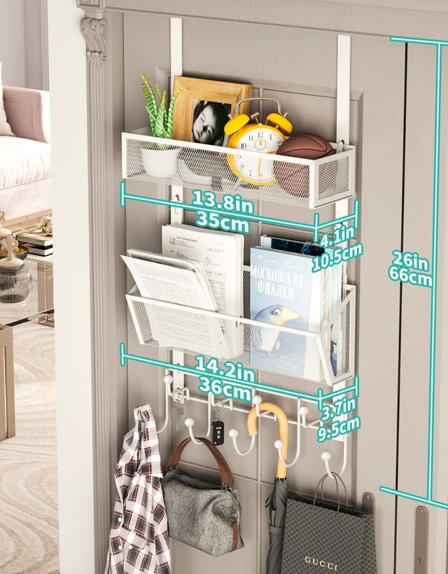 Alt view image 7 of 7 - Over Door Hook with 2 Mesh Baskets and 9 Hooks, 304 Stainless Steel No Drilling Over The Door Hanger, Storage Organizer for Bathroom, Kitchen, Bedroom-White (for 1.57in Doors)