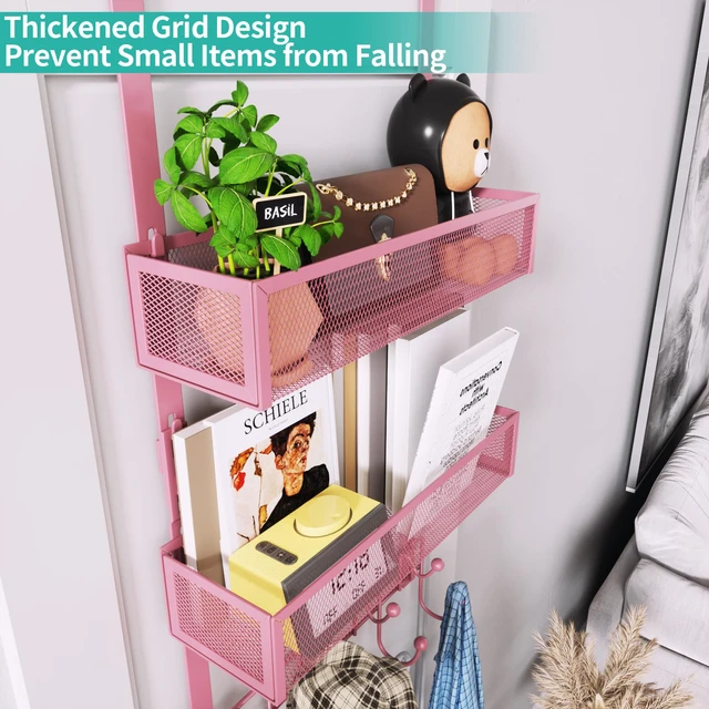 Alt view image 2 of 7 - Over The Door Hanger with Coat Hooks and 2 Baskets, Rustproof & Waterproof Pink Over The Door Hooks, Storage Organizer for Hats, Bathroom, Kitchen, Bedroom - Pink