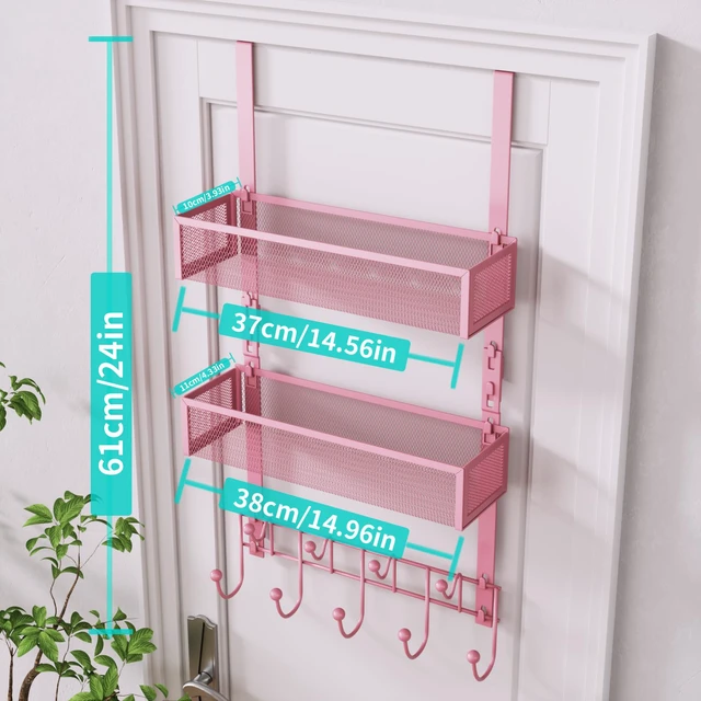 Alt view image 5 of 7 - Over The Door Hanger with Coat Hooks and 2 Baskets, Rustproof & Waterproof Pink Over The Door Hooks, Storage Organizer for Hats, Bathroom, Kitchen, Bedroom - Pink