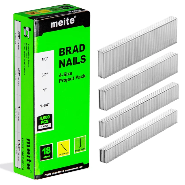 Main image of 18 Gauge Brad Nails, 4 Sizes (5/8", 3/4", 1", 1-1/4") 4,000Pcs Galvanized Assorted 4 Sizes Small Finishing Nails for Pneumatic, Electric 18GA Brad Nail Gun Nailer, Project Pack