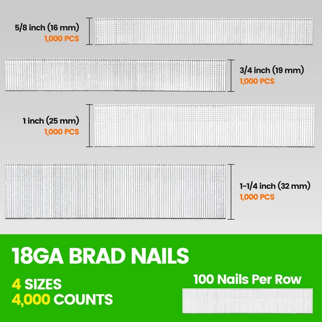 Alt view image 2 of 7 - 18 Gauge Brad Nails, 4 Sizes (5/8", 3/4", 1", 1-1/4") 4,000Pcs Galvanized Assorted 4 Sizes Small Finishing Nails for Pneumatic, Electric 18GA Brad Nail Gun Nailer, Project Pack