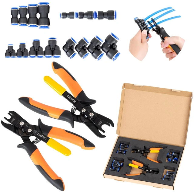 Main image of Push to Connect Fittings Air Line Disconnect Tool Kit Push Fitting Removal Tool for 1/4, 5/16, 3/8, 1/2 (6mm, 8mm,10mm,12mm) Quick Connect Release Pliers with 15 Pcs Pneumatic Fittings