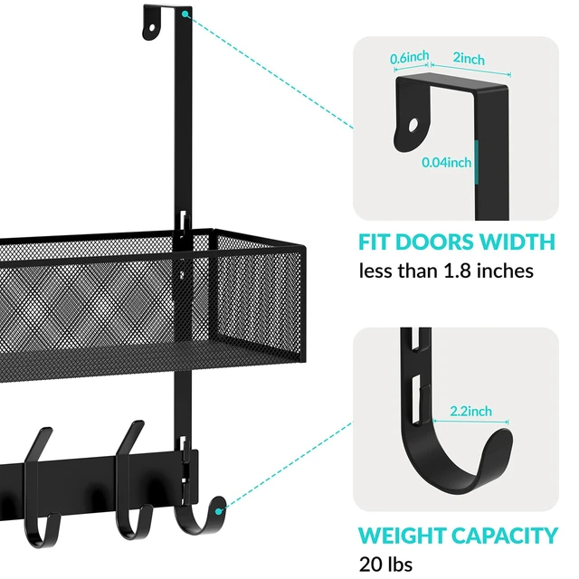Alt view image 3 of 7 - Over The Door Hooks Organizer,Back Door Storage with Coat Hooks Door Hanger with Mesh Basket & Wreath Hanger,Towel Rack for Bathroom, Bedroom, Kitchen (Black)