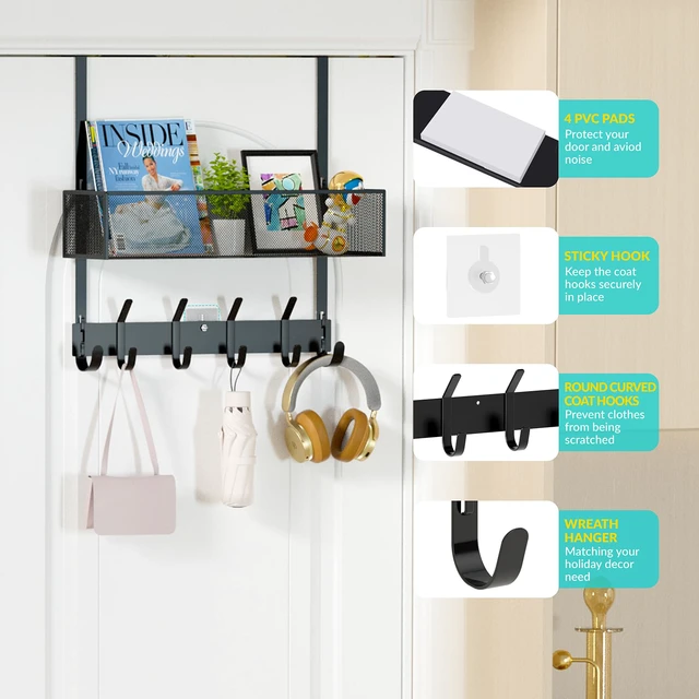 Alt view image 2 of 7 - Over The Door Hooks Organizer,Back Door Storage with Coat Hooks Door Hanger with Mesh Basket & Wreath Hanger,Towel Rack for Bathroom, Bedroom, Kitchen (Black)