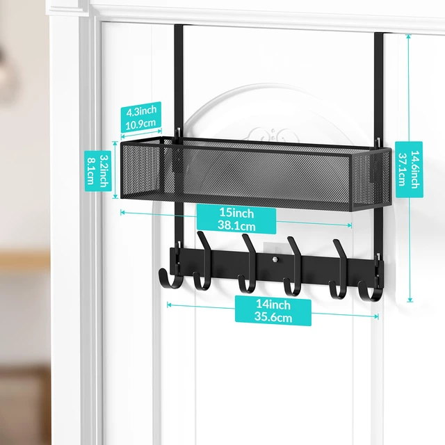 Alt view image 4 of 7 - Over The Door Hooks Organizer,Back Door Storage with Coat Hooks Door Hanger with Mesh Basket & Wreath Hanger,Towel Rack for Bathroom, Bedroom, Kitchen (Black)